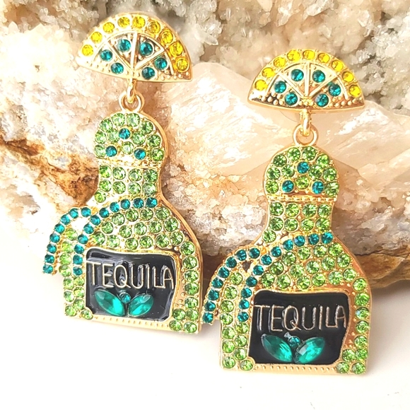 "Blingy Black-out" Bedazzled Tequila Bottle Earrings NEW - Picture 2 of 5